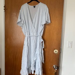 Pale Blue and White Striped Faux Wrap Dress